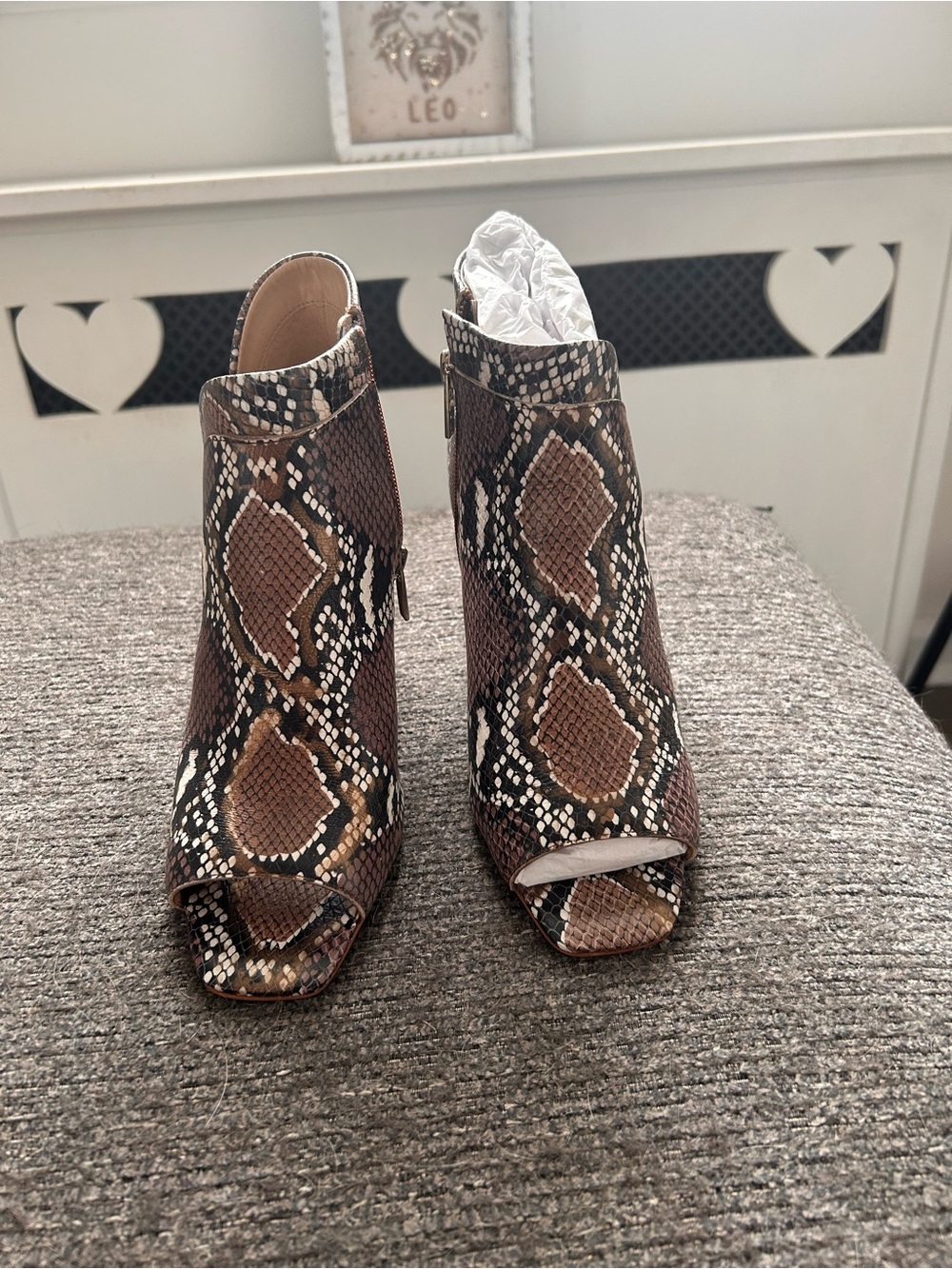 Snake-Print Peep-Toe Ankle Boots in Brown